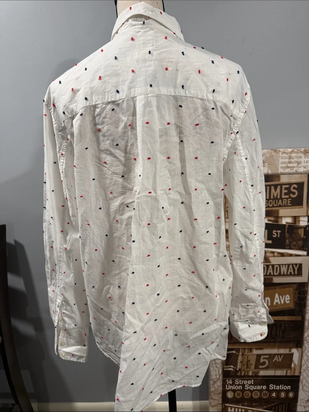 GAP White Button-Down Shirt with Red & Navy Micro Dots